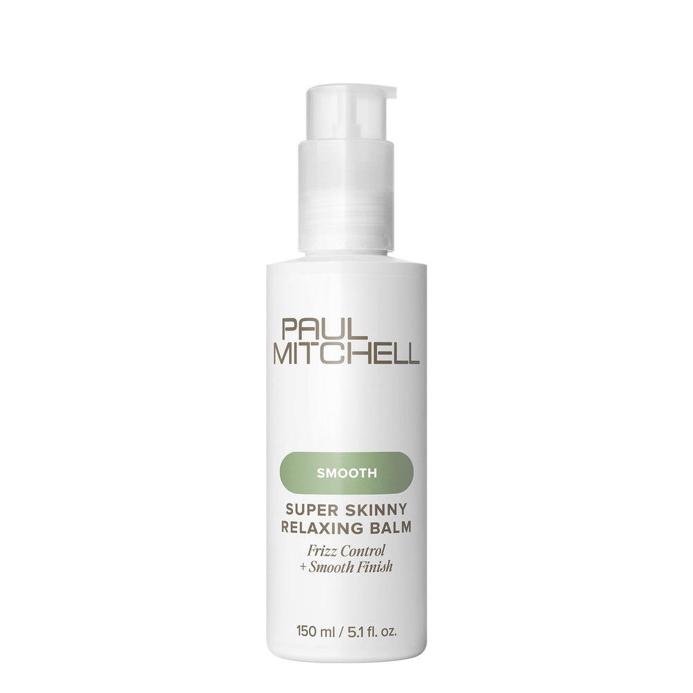 Paul Mitchell Super Skinny Relaxing Balm bottle demonstrates frizz control for smooth styling.