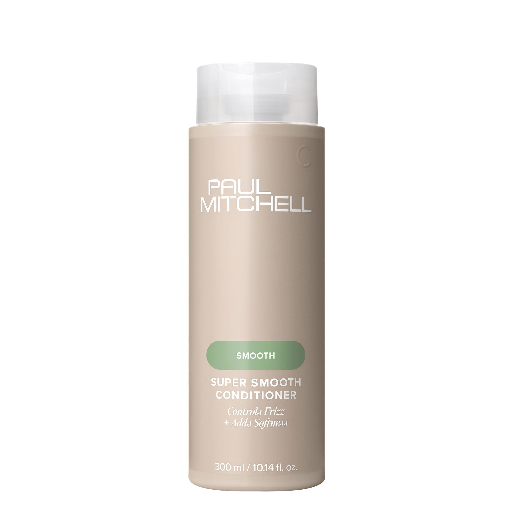 Paul Mitchell Super Smooth conditioner bottle on shelf signals frizz control.