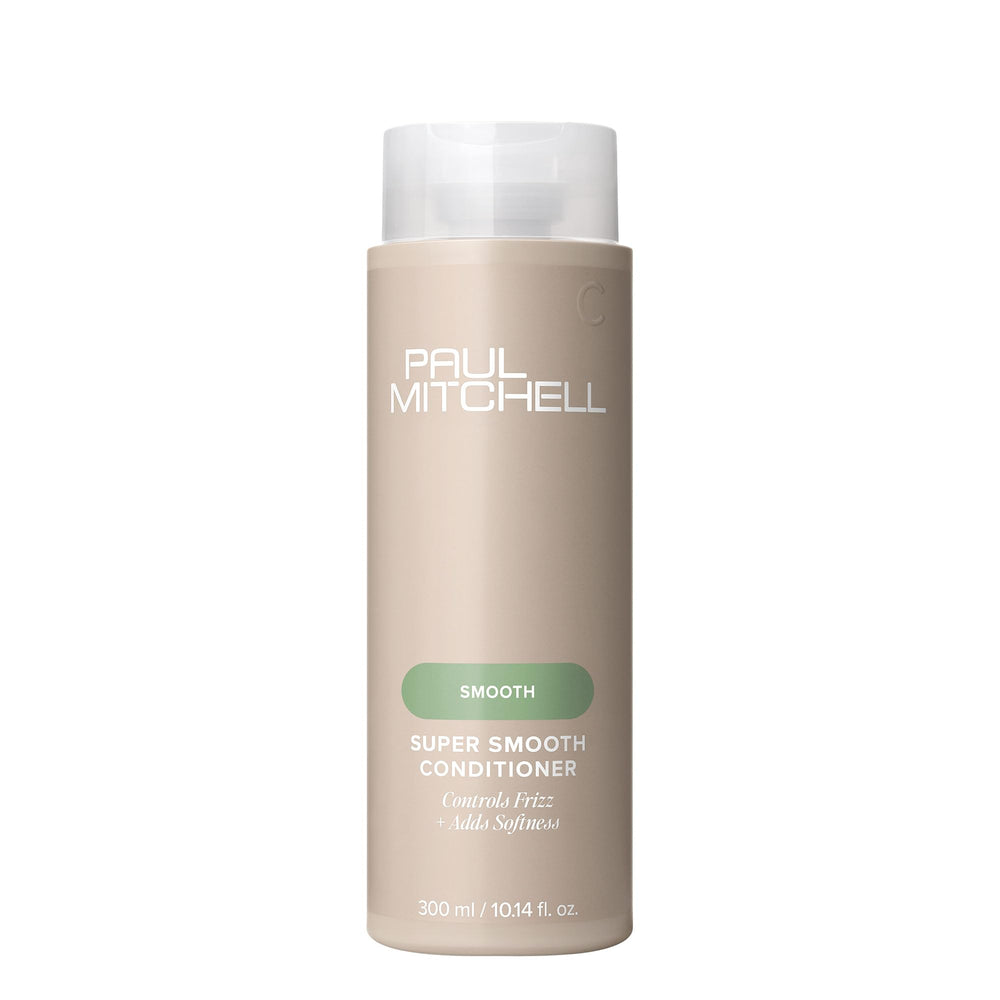 Paul Mitchell Super Smooth conditioner bottle on shelf signals frizz control.