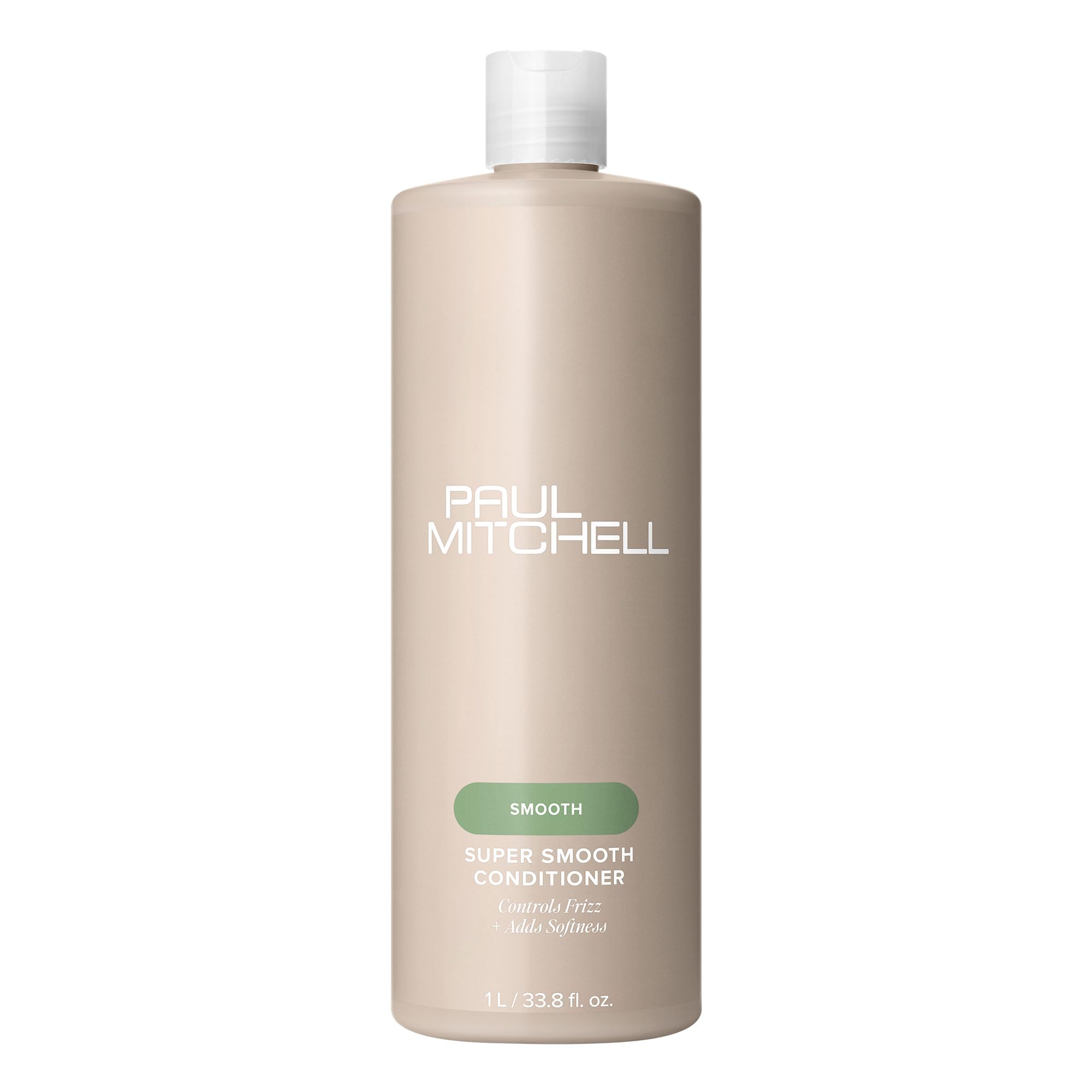 Paul Mitchell Super Smooth Conditioner bottle front view shows frizz-control benefits for sleek hair