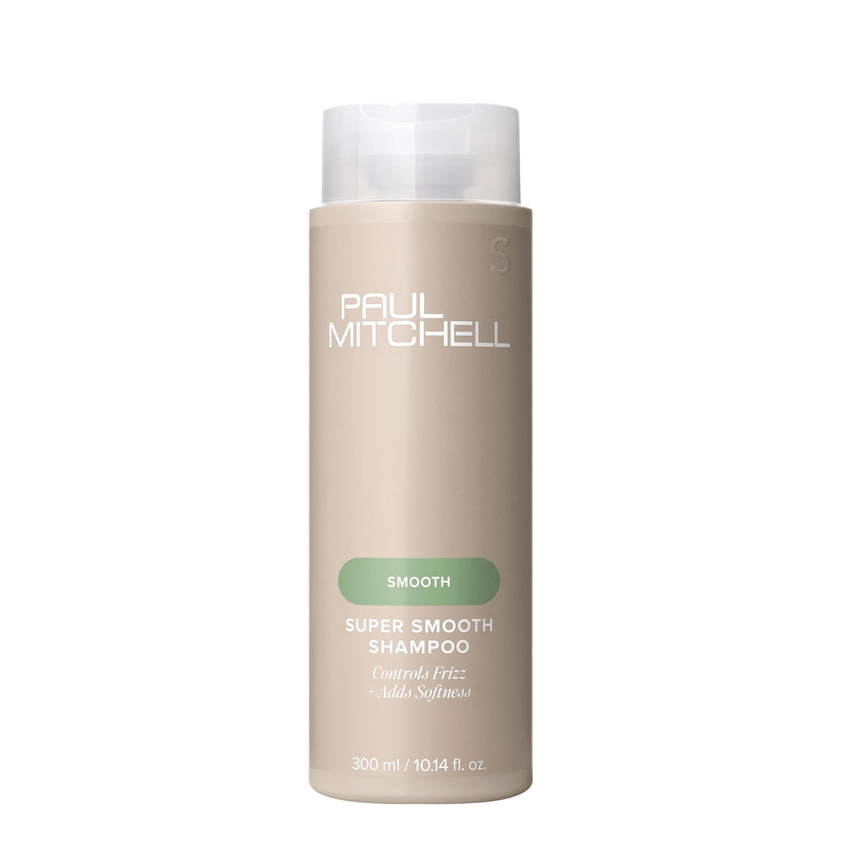 Paul Mitchell Super Smooth Shampoo bottle shows frizz control for daily use.