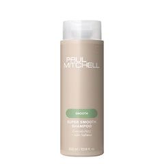 Paul Mitchell Super Smooth Shampoo bottle shows frizz control for daily use.