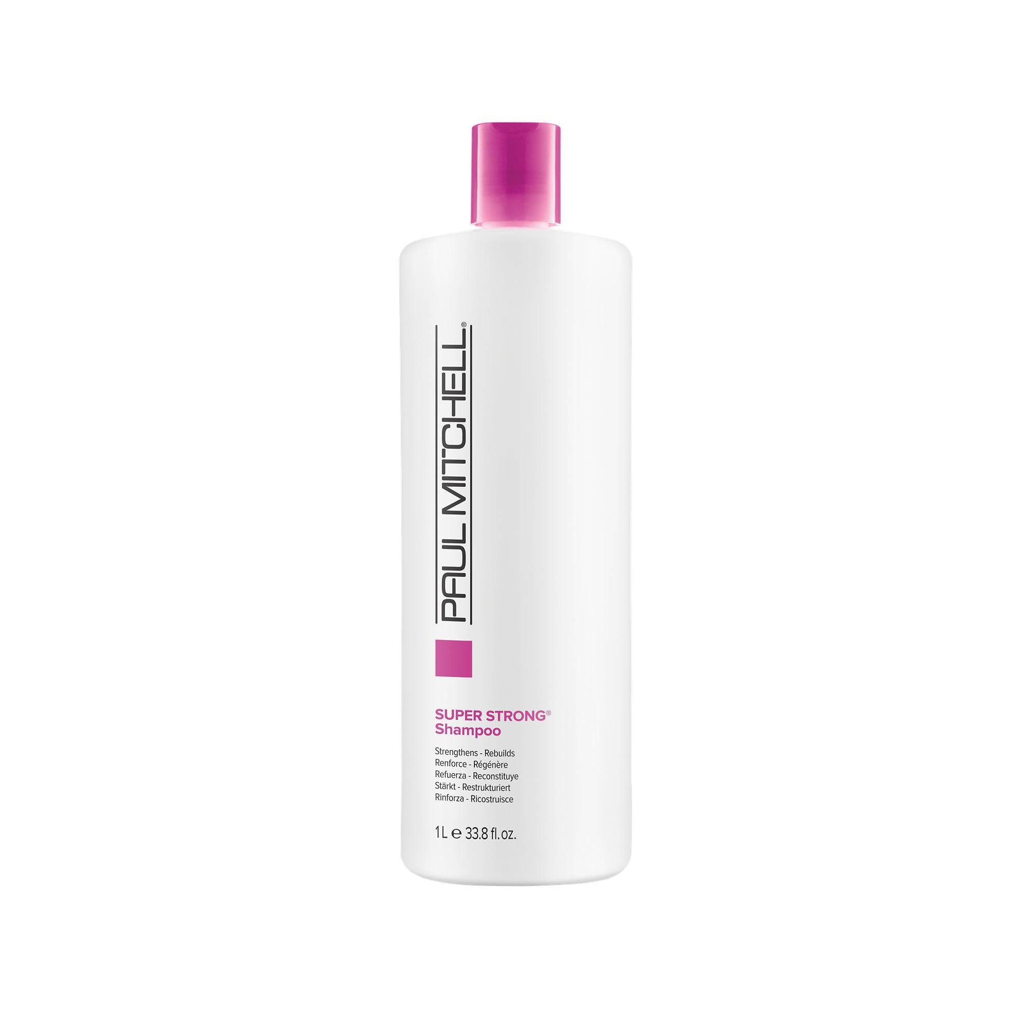 Paul Mitchell Super Strong Shampoo bottle highlights a strengthening formula for healthier-feeling hair.