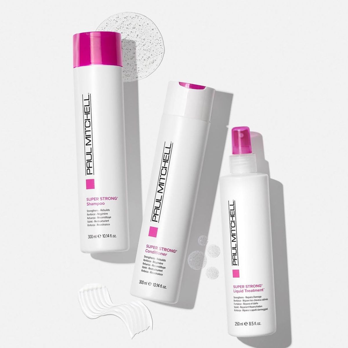 Paul Mitchell Super Strong Shampoo bottle emphasizes color-safe formula for gentle cleansing.