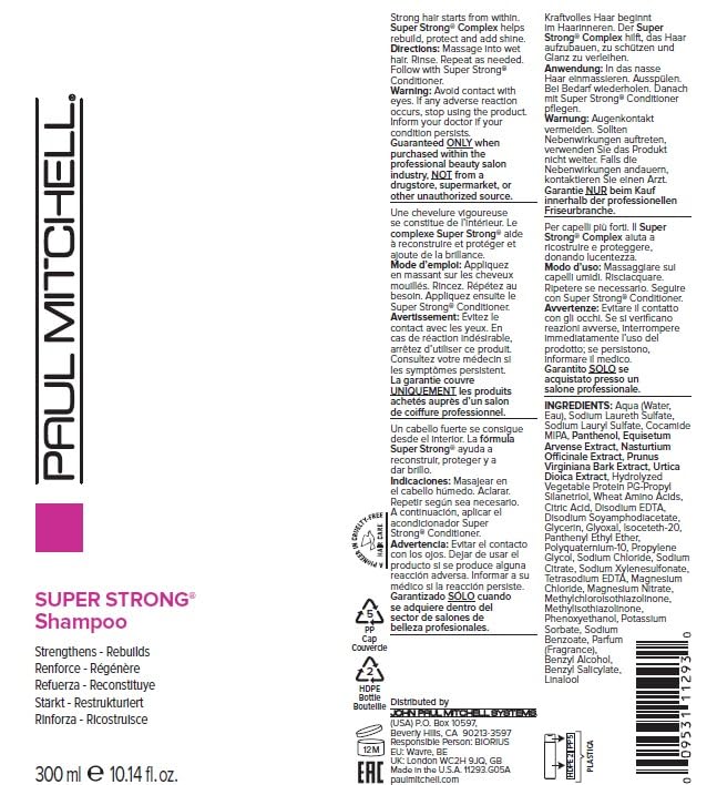 Paul Mitchell Super Strong Shampoo bottle evokes refreshing citrus aquatic scent for shower ritual.
