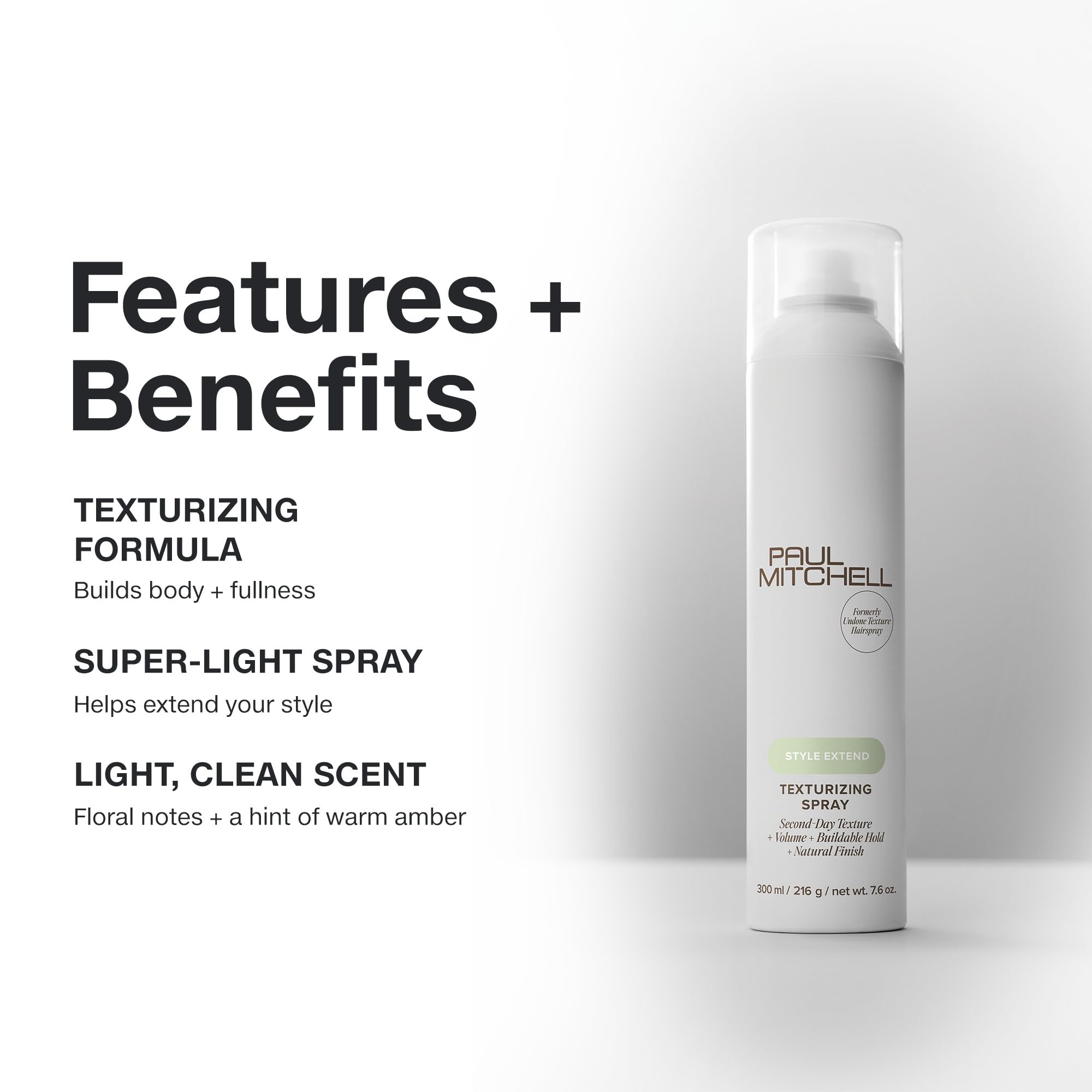 Paul Mitchell Texturizing Spray on hair showing volume at the roots for lift.
