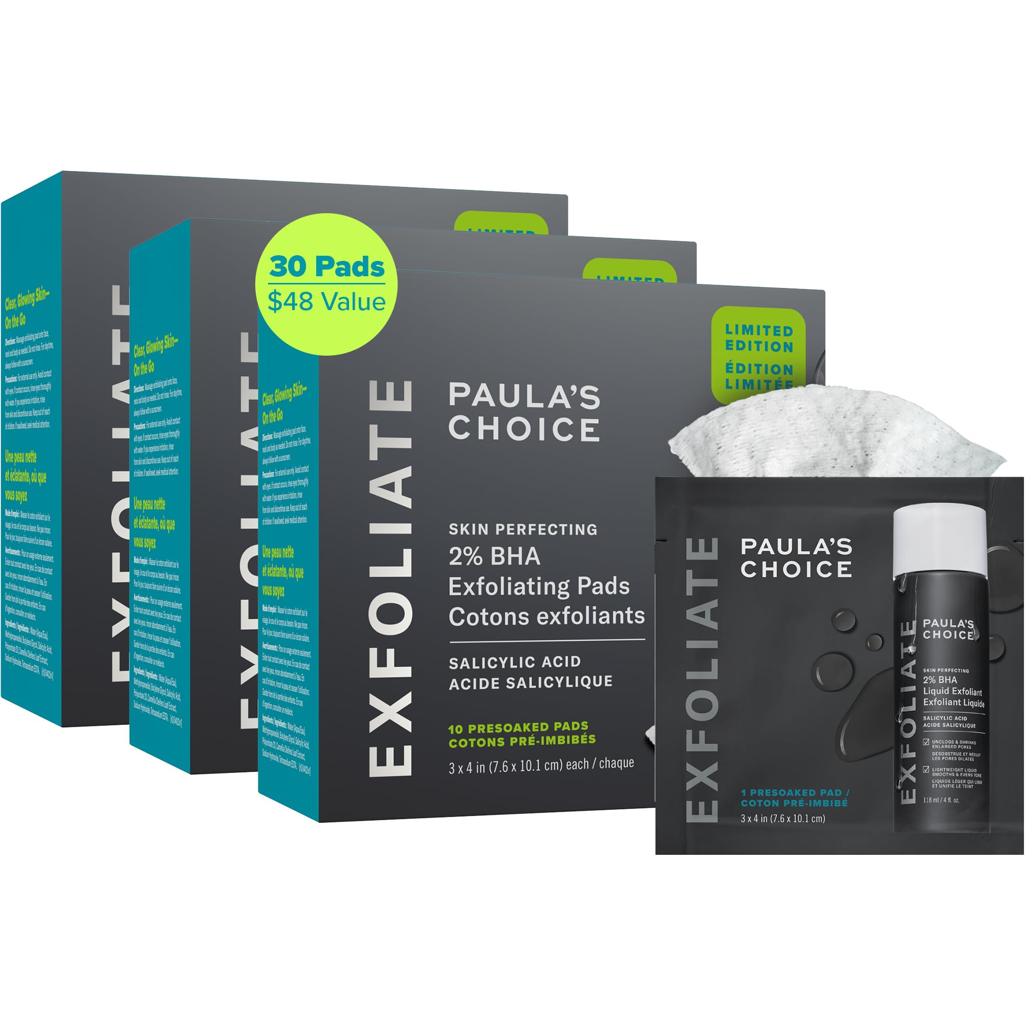 Paula's Choice 2% BHA pad close-up showing pre-soaked exfoliant for glowing skin