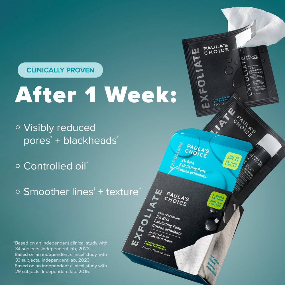 Paula's Choice 2% BHA pad packaging highlights a 3-box travel-exfoliant set