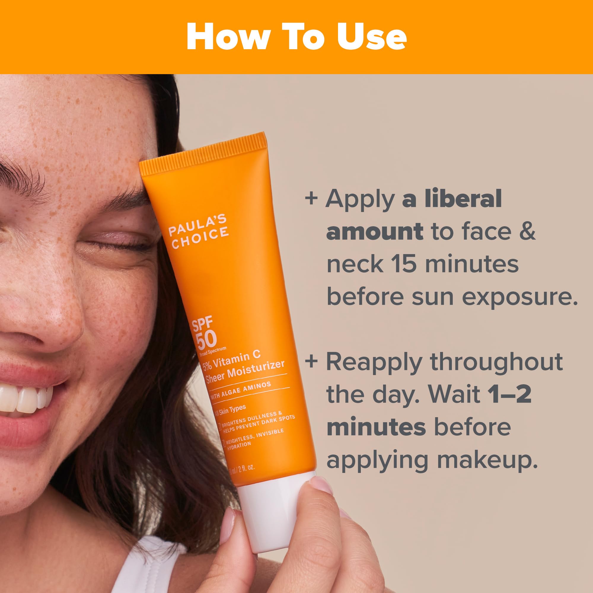 Paula's Choice 5% Vitamin C Sheer Sunscreen texture appears ultra-light and invisible on skin.