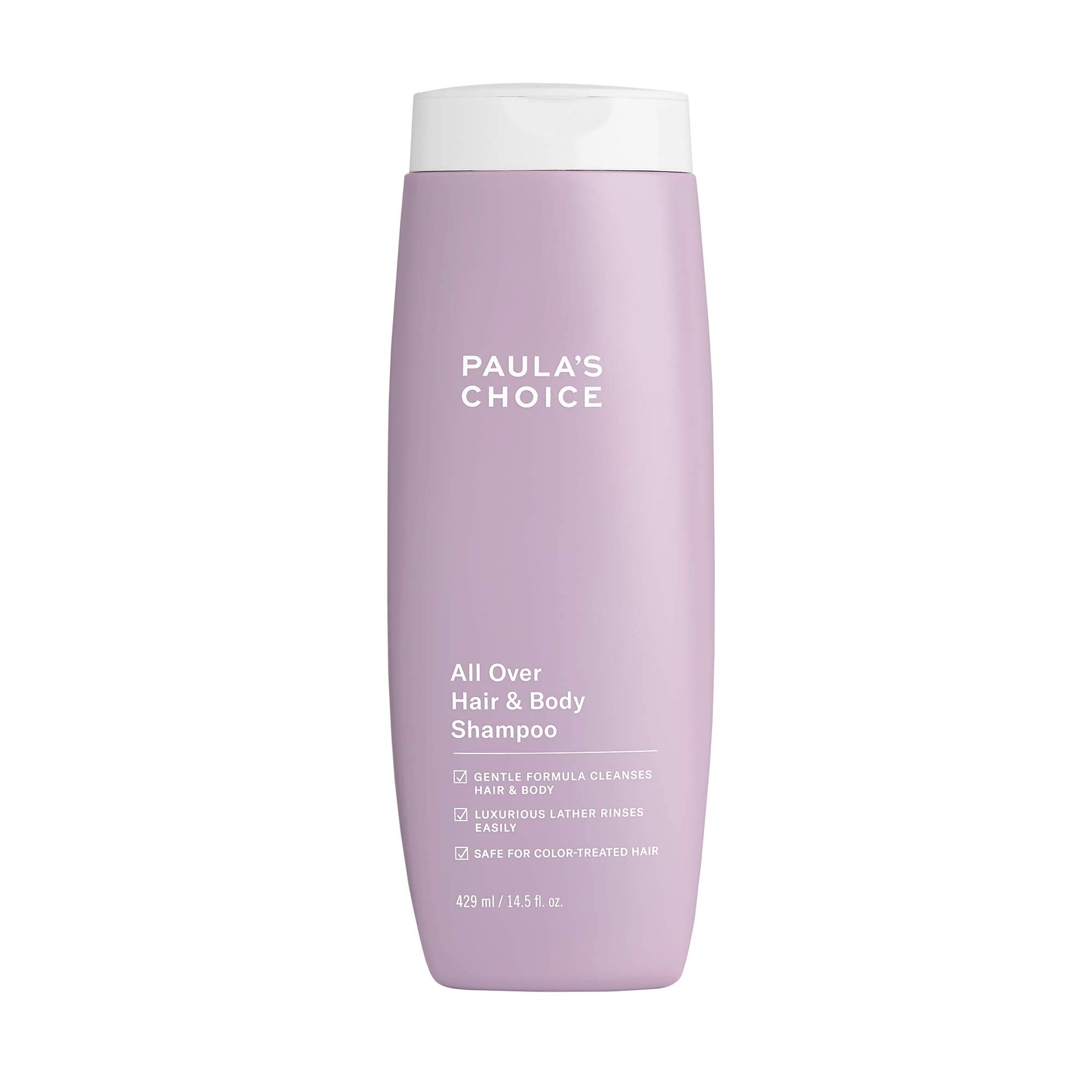 Paula's Choice All Over Hair and Body Shampoo bottle close-up for fragrance-free cleansing.