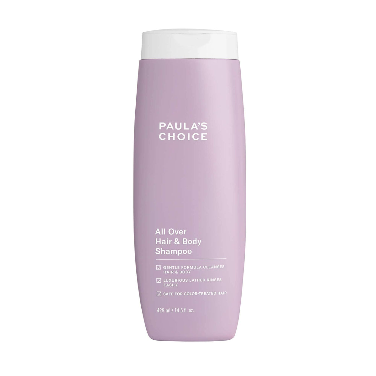 Paula's Choice All Over Hair and Body Shampoo bottle close-up for fragrance-free cleansing.