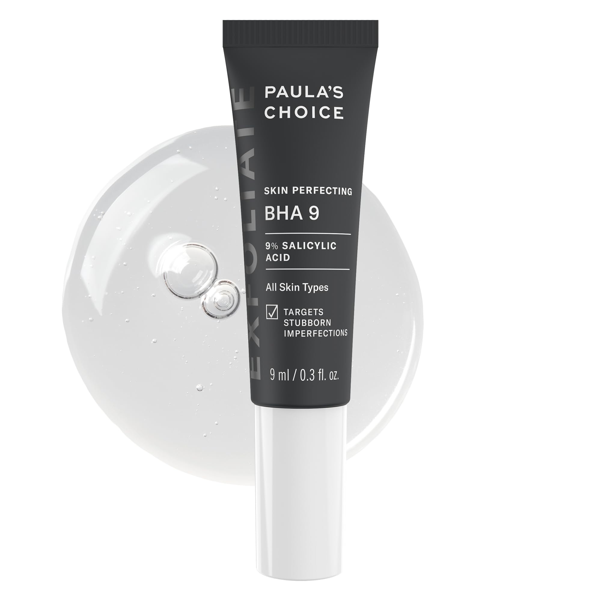Paula's Choice BHA 9 spot-treatment bottle closeup showing fragrance-free exfoliant for clearer pores