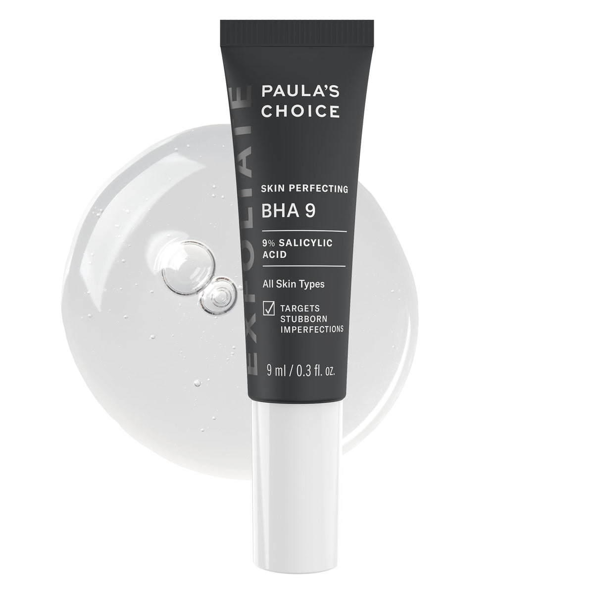 Paula's Choice BHA 9 spot-treatment bottle closeup showing fragrance-free exfoliant for clearer pores