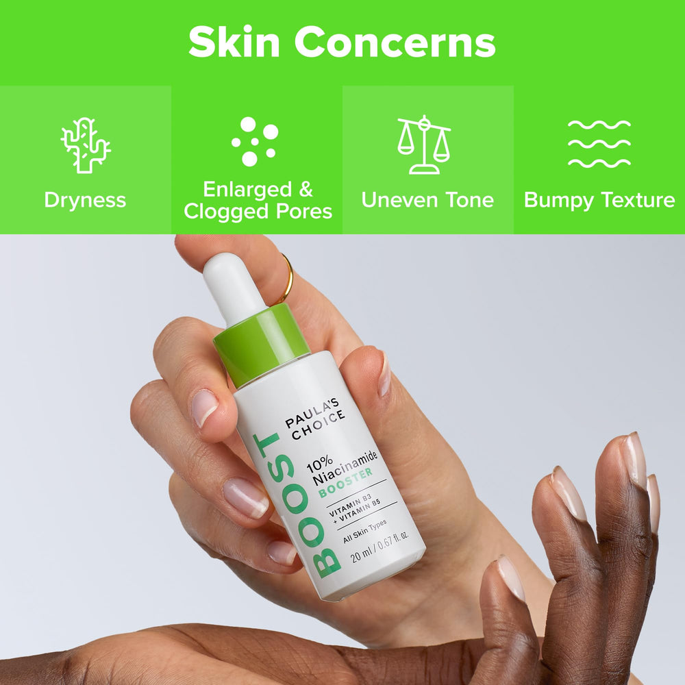 Paula's Choice BOOST serum packaging highlights fragrance-free, cruelty-free formulation.