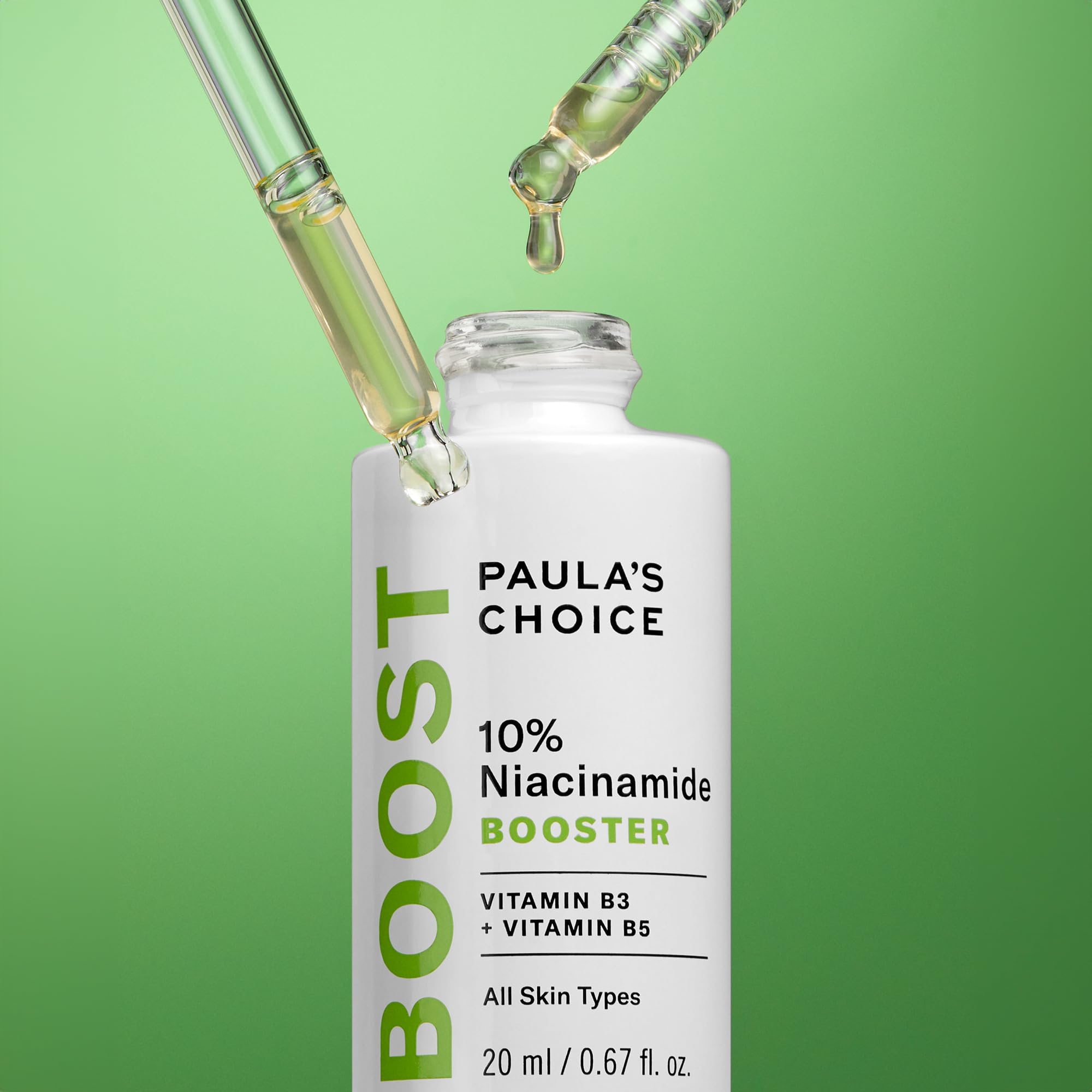 Paula's Choice BOOST niacinamide serum texture closeup reveals smooth, serum-like consistency.