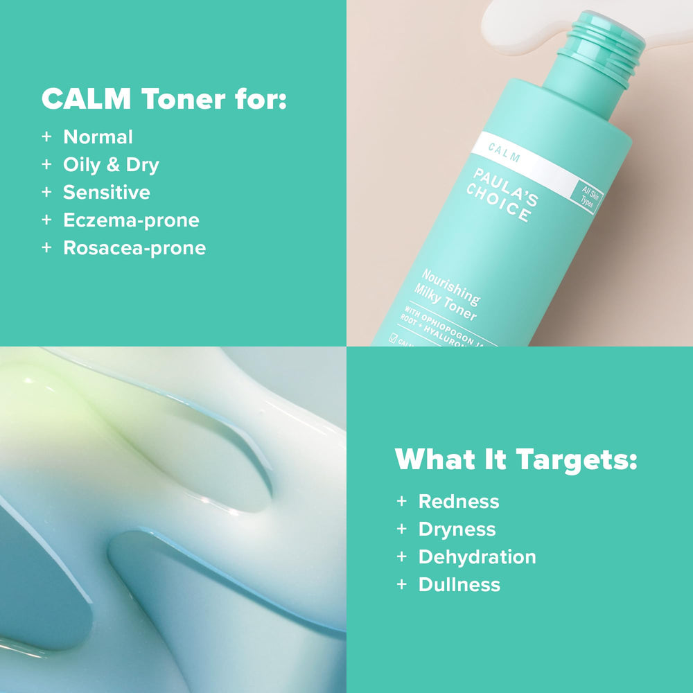 Ingredient highlights show calming plant extracts and barrier support in Paula's Choice toner.