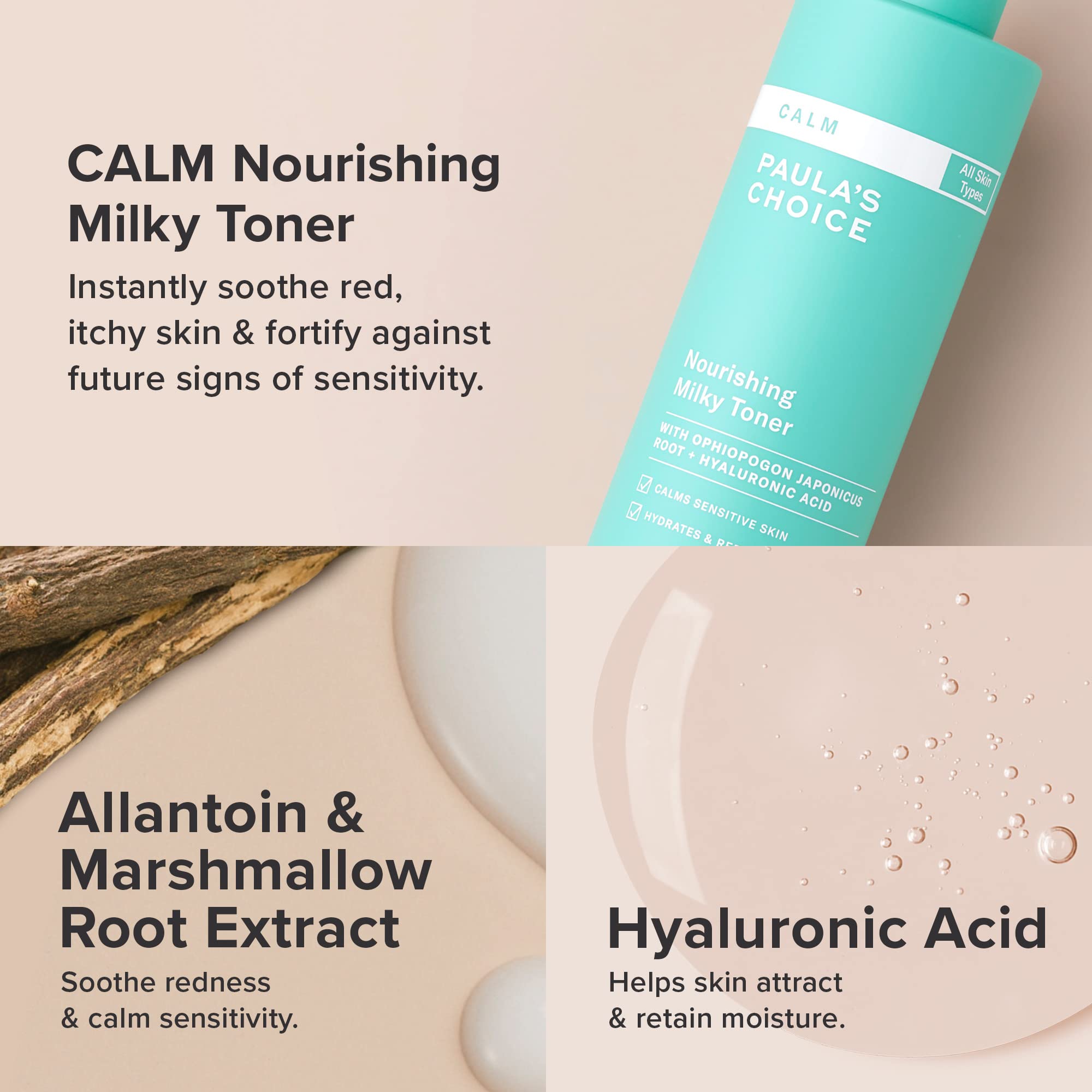 Close-up of creamy texture of Paula's Choice Calm Milky Toner for instant hydration.