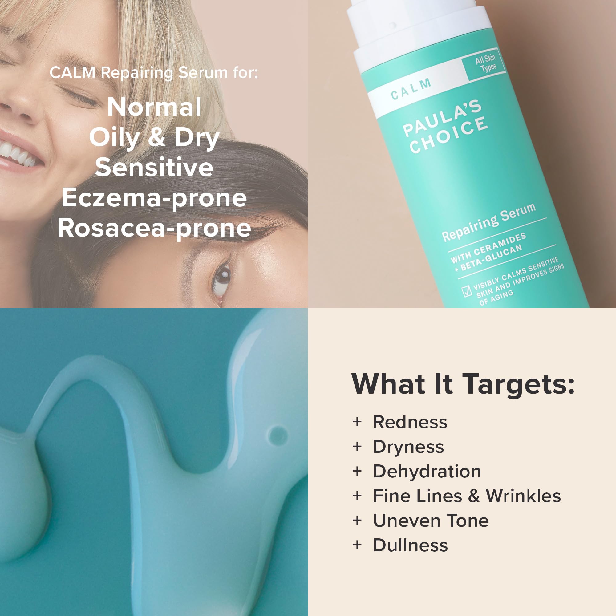Paula's Choice Calm Serum applied on skin demonstrates smooth finish