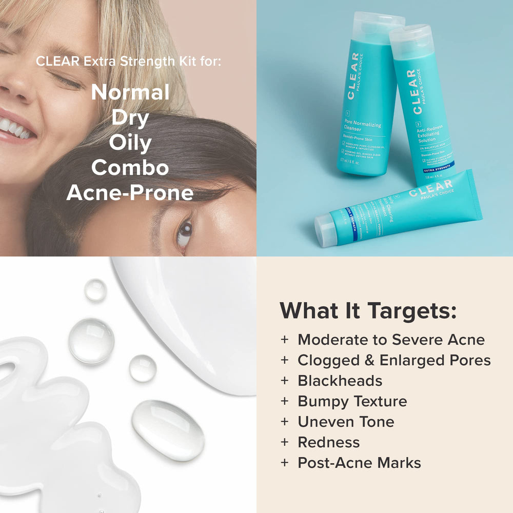 Paula's Choice Clear Extra Strength Acne Kit on-skin application shows three-step routine for daytime use