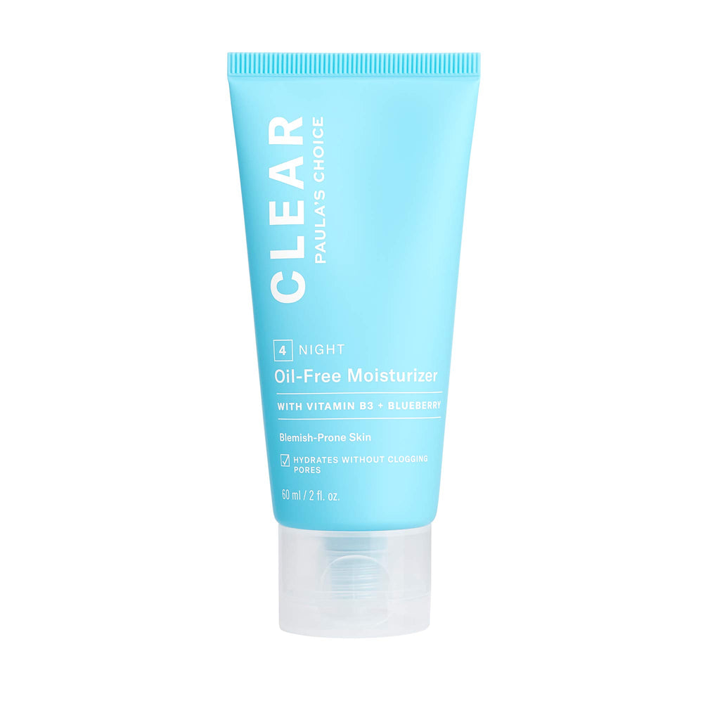 Paula's Choice CLEAR Oil-Free Moisturizer bottle closeup showing weightless hydration for acne-prone skin.