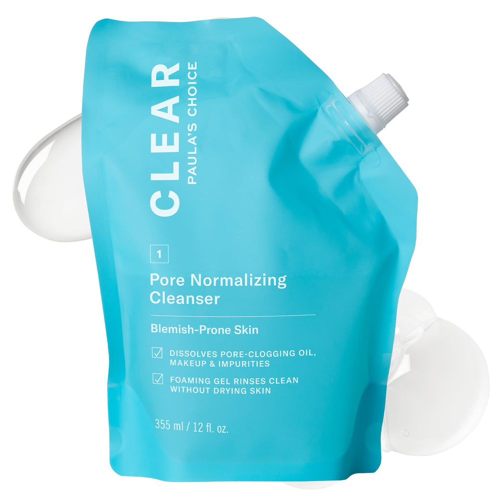 Paula's Choice CLEAR Pore Cleanser refill pouch open for easy, eco-friendly refills.