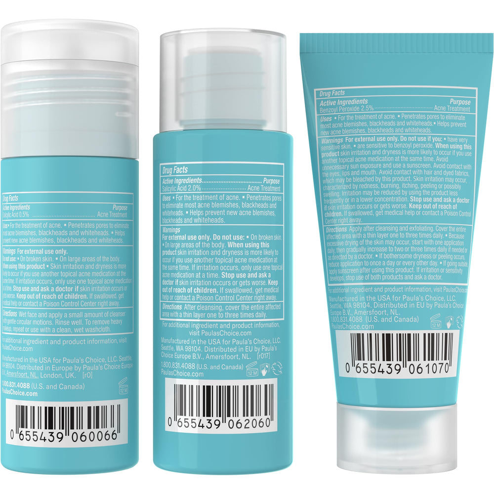 Paula's Choice CLEAR travel kit bottles for compact acne care on the go.