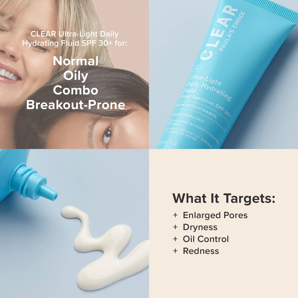 Paula's Choice CLEAR Ultra-Light Fluid pore-minimizing texture closeup highlights smoother-looking pores.