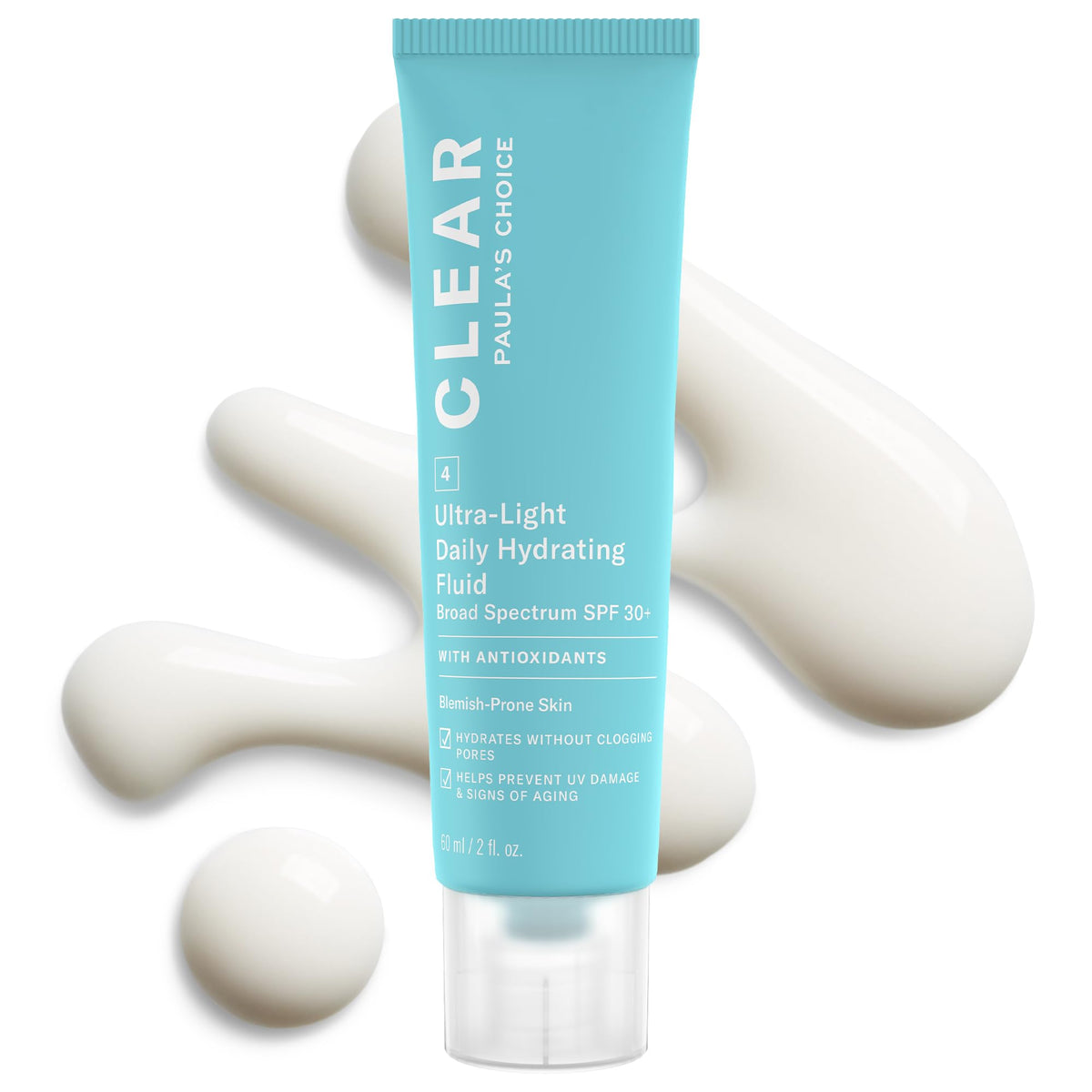 Paula's Choice CLEAR Ultra-Light Hydrating Fluid SPF 30 bottle closeup shows oil-free protection.