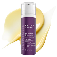 Paula's Choice Clinical 1% Retinol bottle close-up for nighttime anti-aging routine.
