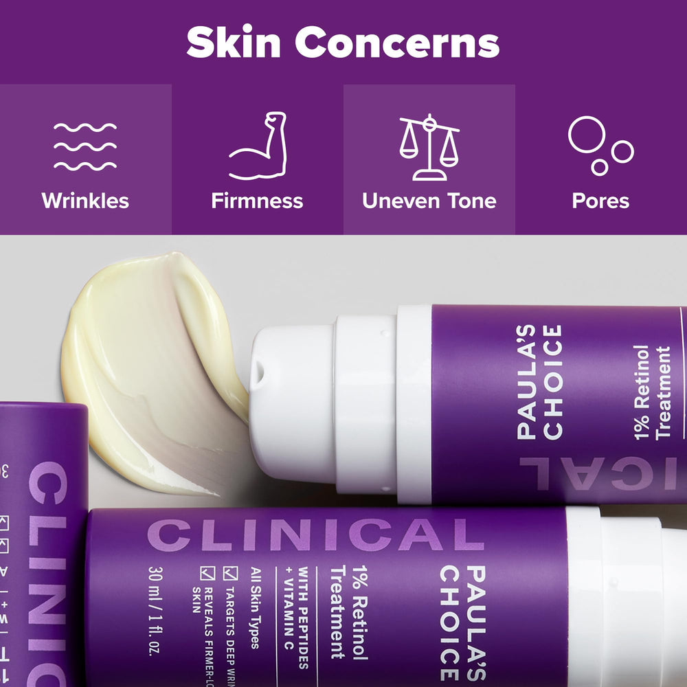 Paula's Choice Clinical 1% Retinol cream on a clean face, aiming for anti-aging benefits.