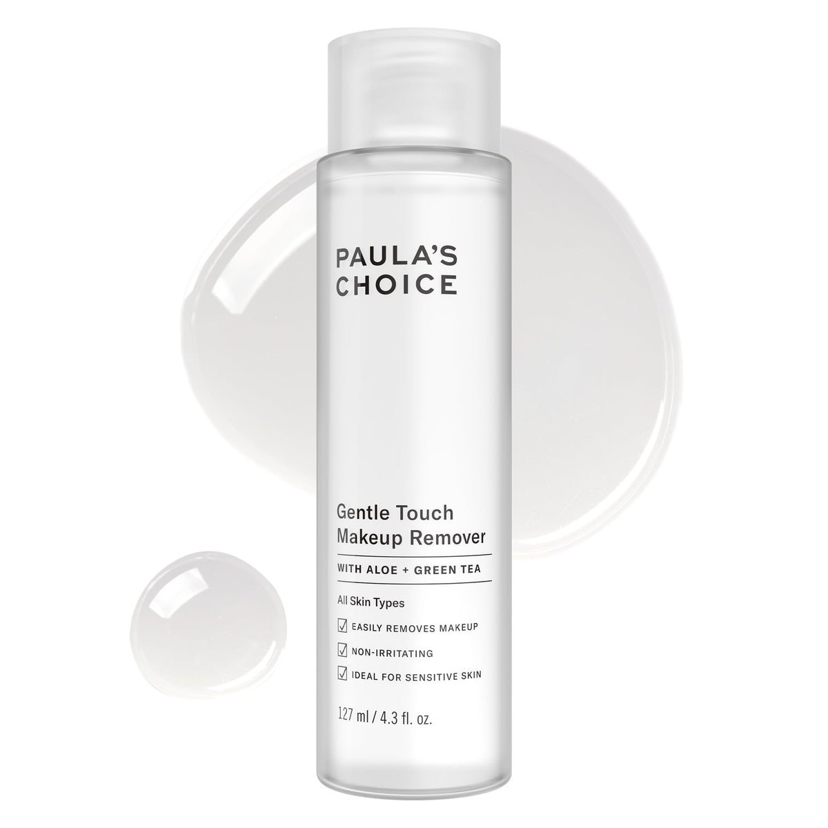 Paula's Choice Gentle Touch oil-free makeup remover bottle closeup for gentle cleansing