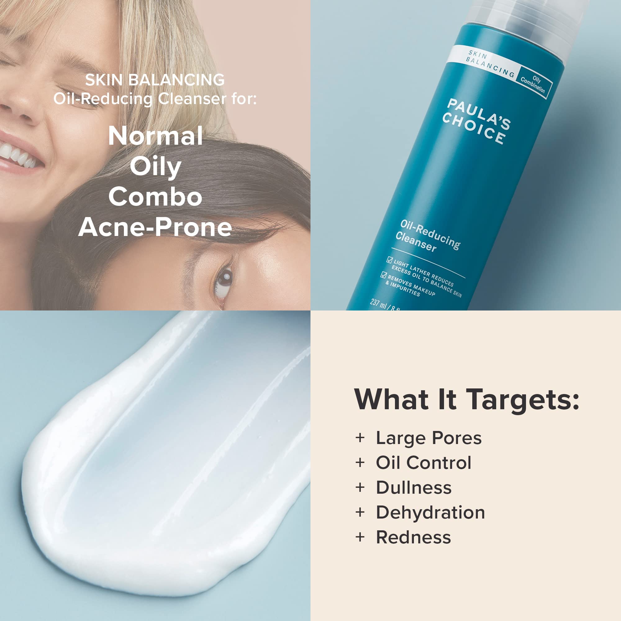 Paula's Choice Oil-Reducing Cleanser on porcelain skin shows pore refinement and shine control.