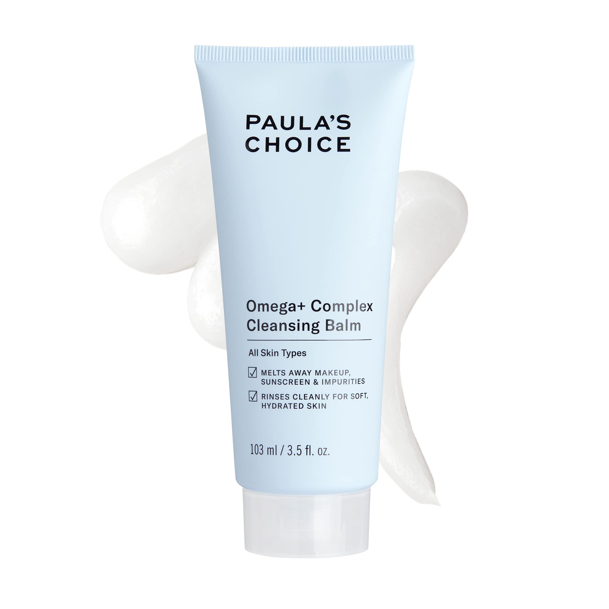 Paula's Choice Omega Complex balm jar closeup, gentle cleansing texture for sensitive skin.