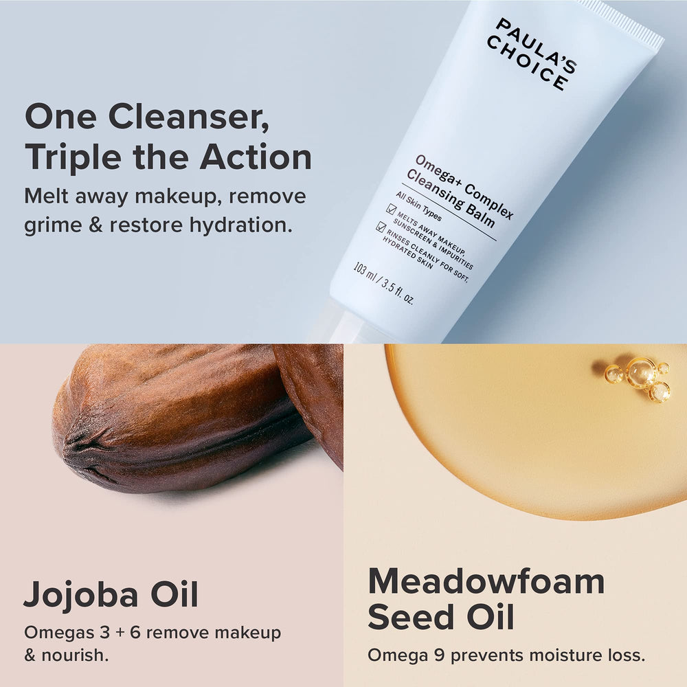 Paula's Choice Omega Complex balm texture melt shows creamy-to-oil transition during application.