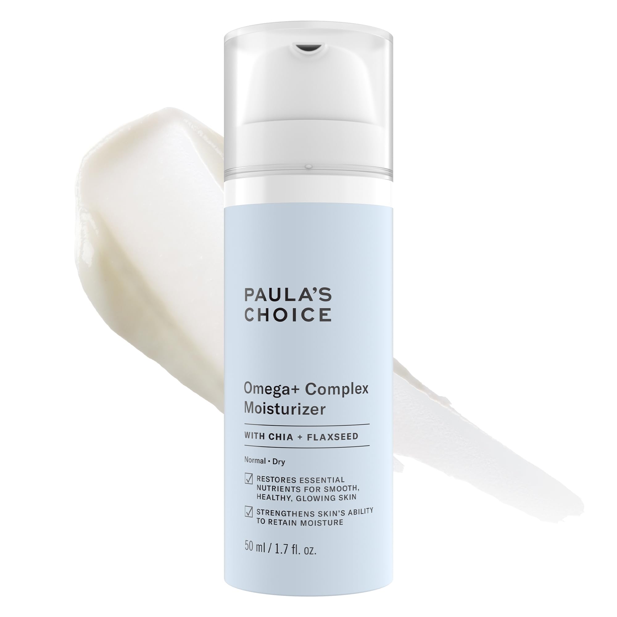 Paula's Choice Omega+ Complex bottle shows fragrance-free hydration for dry, sensitive skin