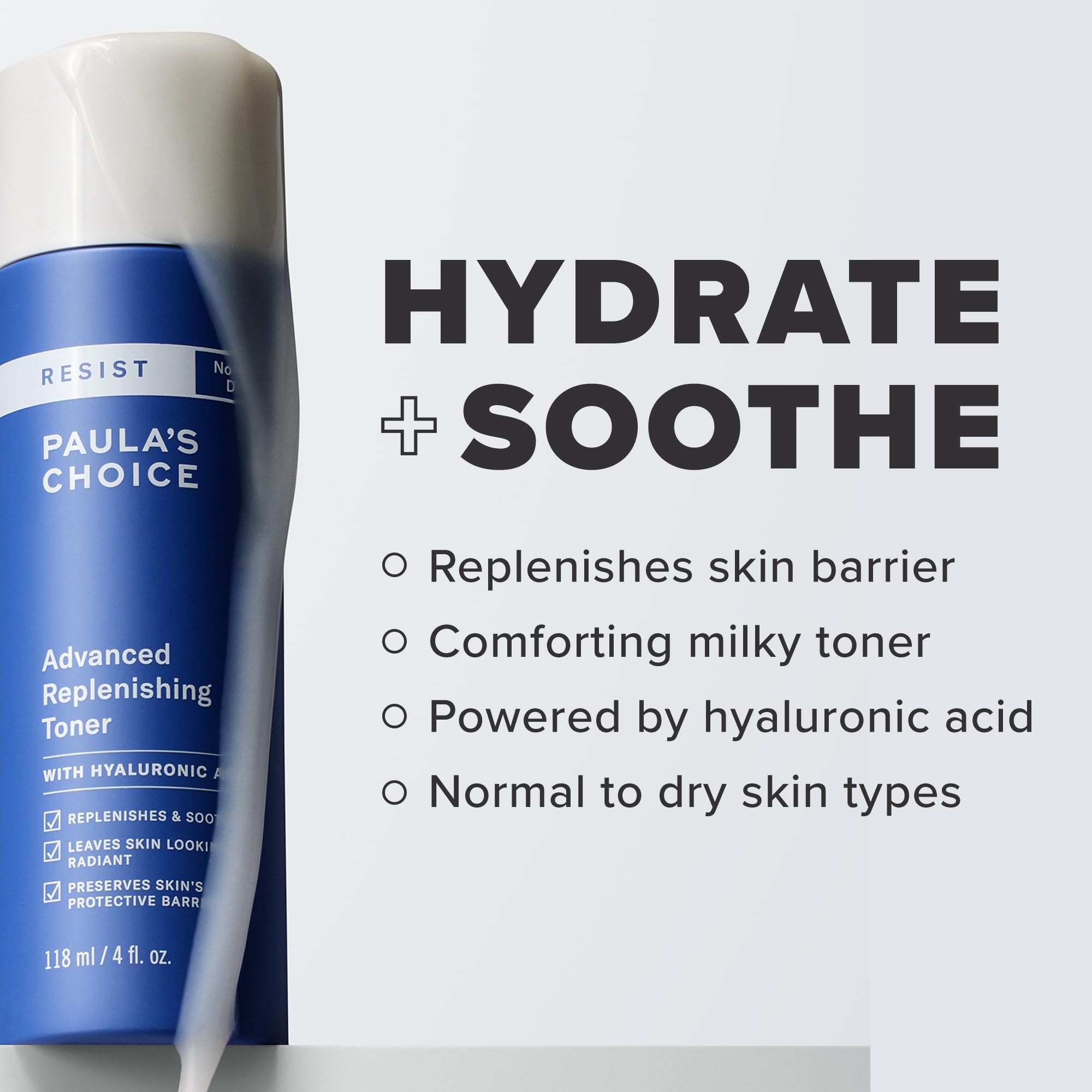 Paula's Choice Resist toner bottle pour showing quick absorption for dry skin.