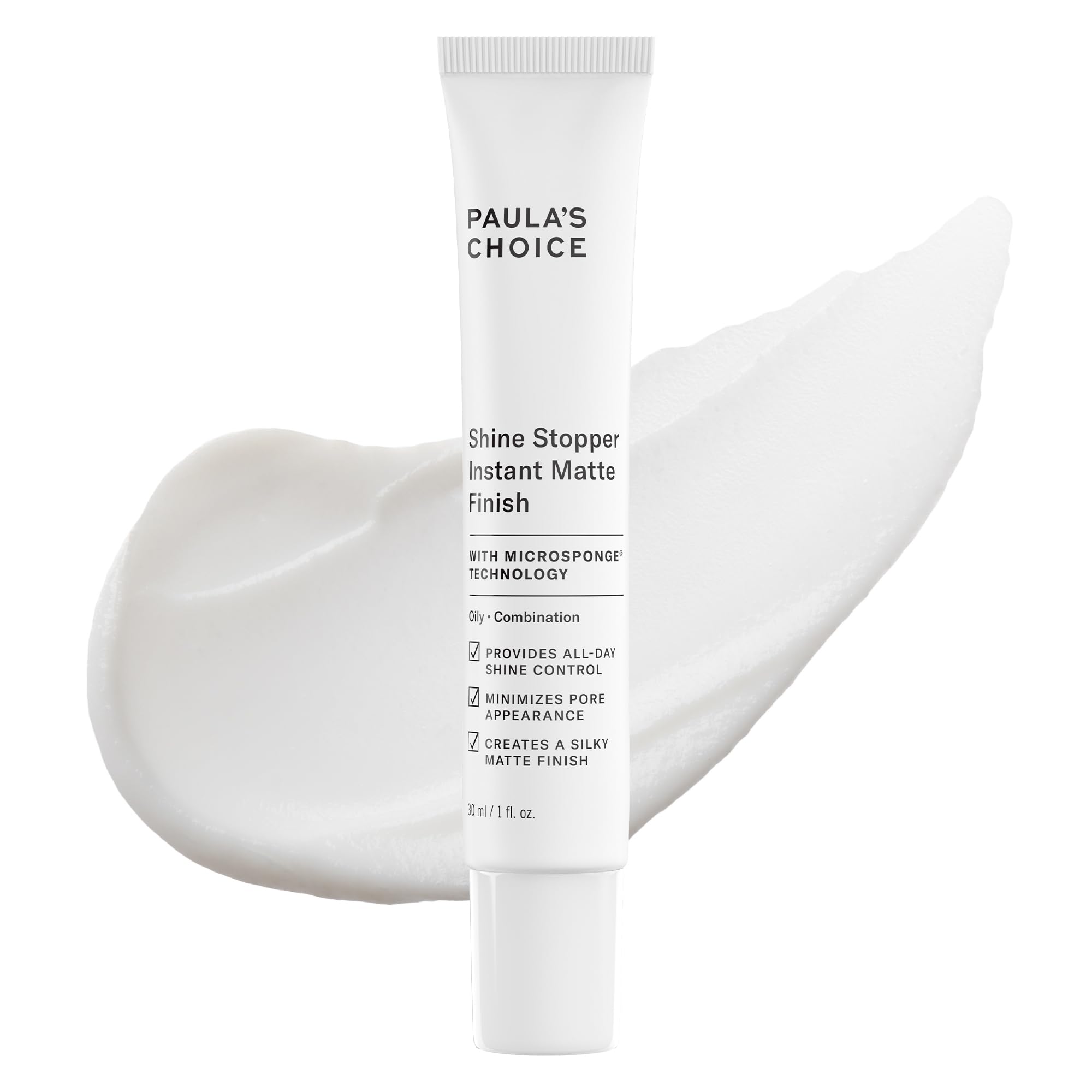 Paula's Choice Shine Stopper primer bottle close-up showing silky matte finish.
