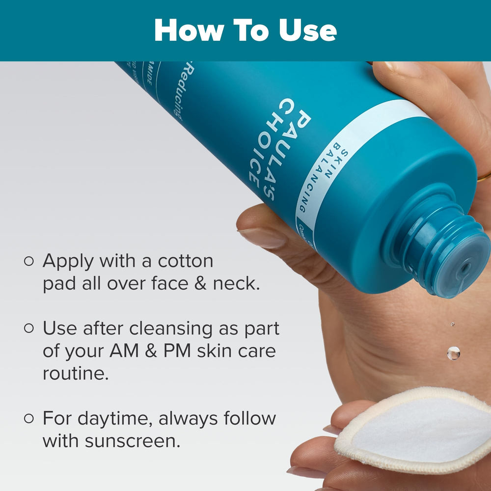 Paula's Choice Skin Balancing Tone application with cotton pad for cleansing