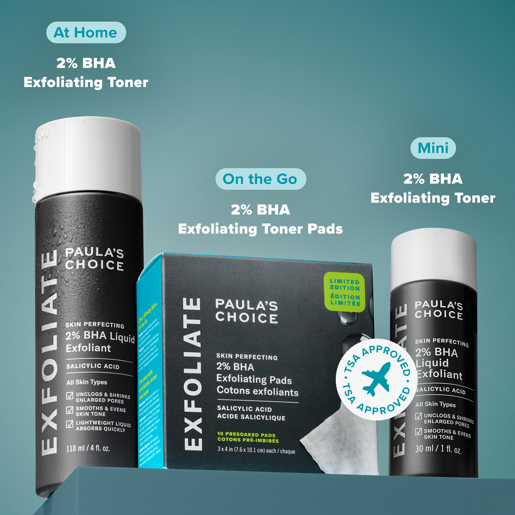 Paula's Choice Skin Perfecting 2% BHA pad on face neck body shows multi-area use.