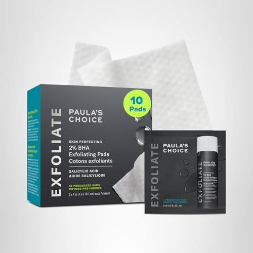 Paula's Choice Skin Perfecting 2% BHA pad packaging stand emphasizes shelf-ready skincare.