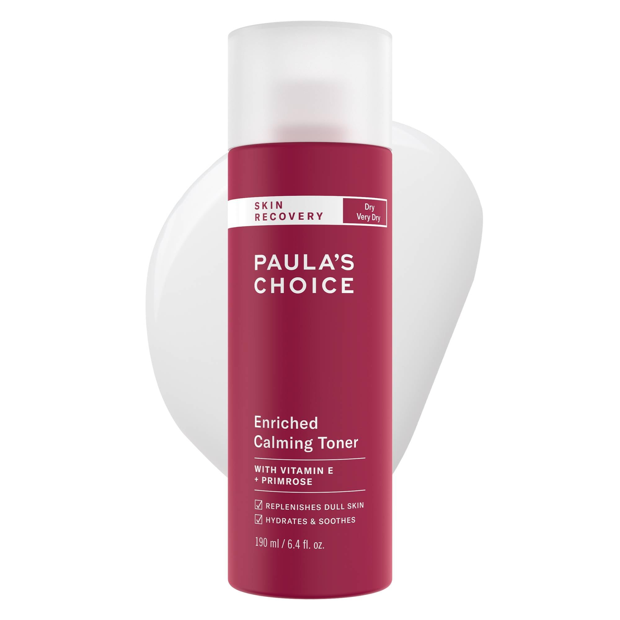 Paula's Choice Skin Recovery Calming Toner bottle showing hydrating, soothing donor for dry skin