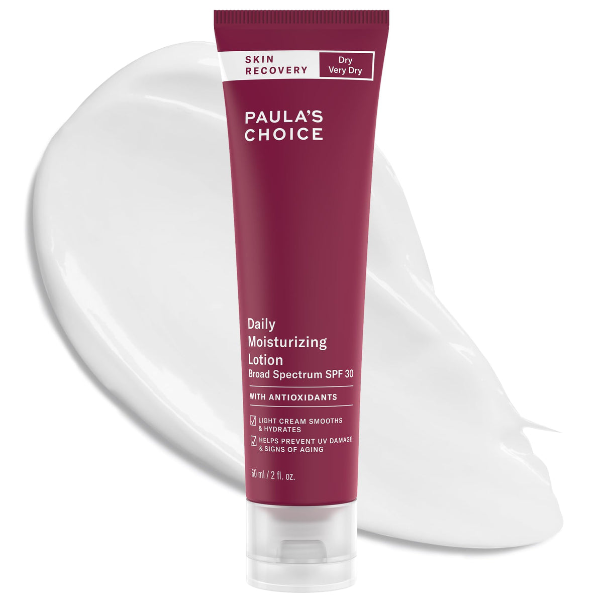Paula's Choice Skin Recovery SPF 30 bottle angled, showing mineral sunscreen and hydration in one step.