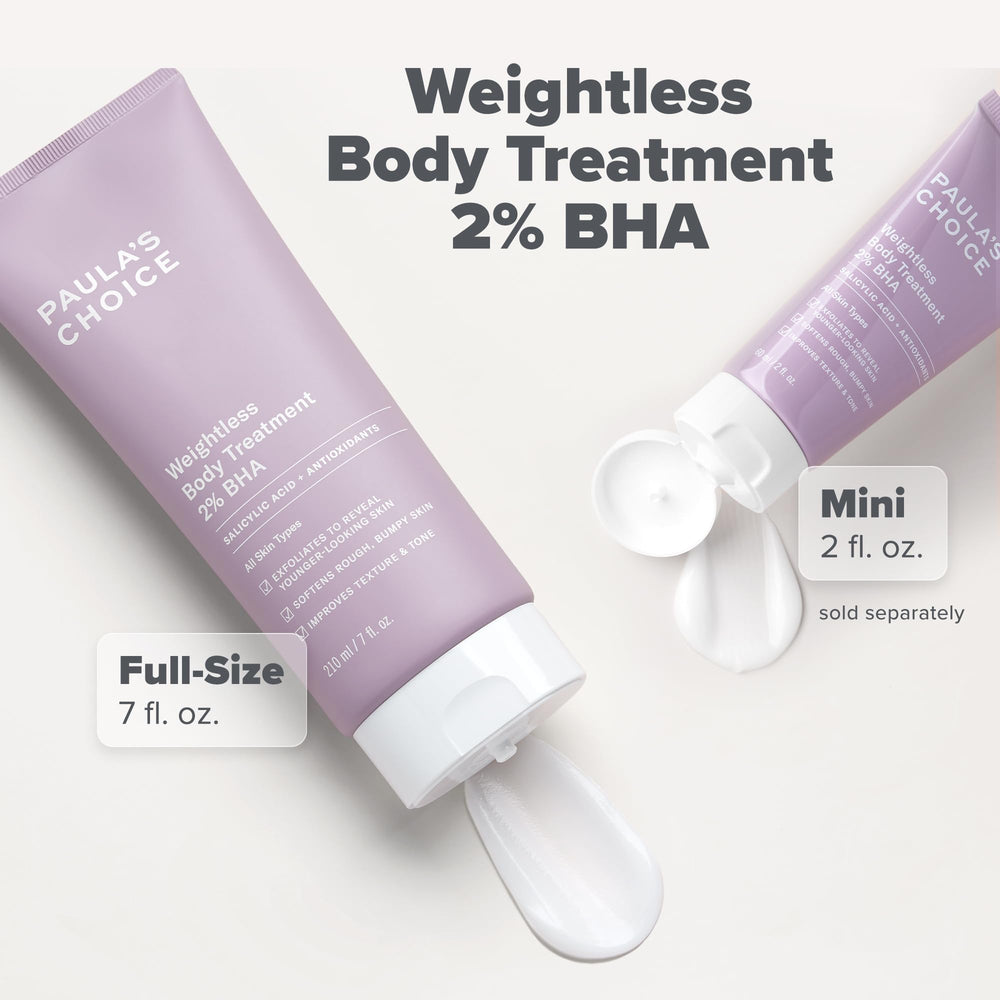 Paula's Choice Weightless Body Lotion 2% BHA label closeup emphasizes fragrance-free formula