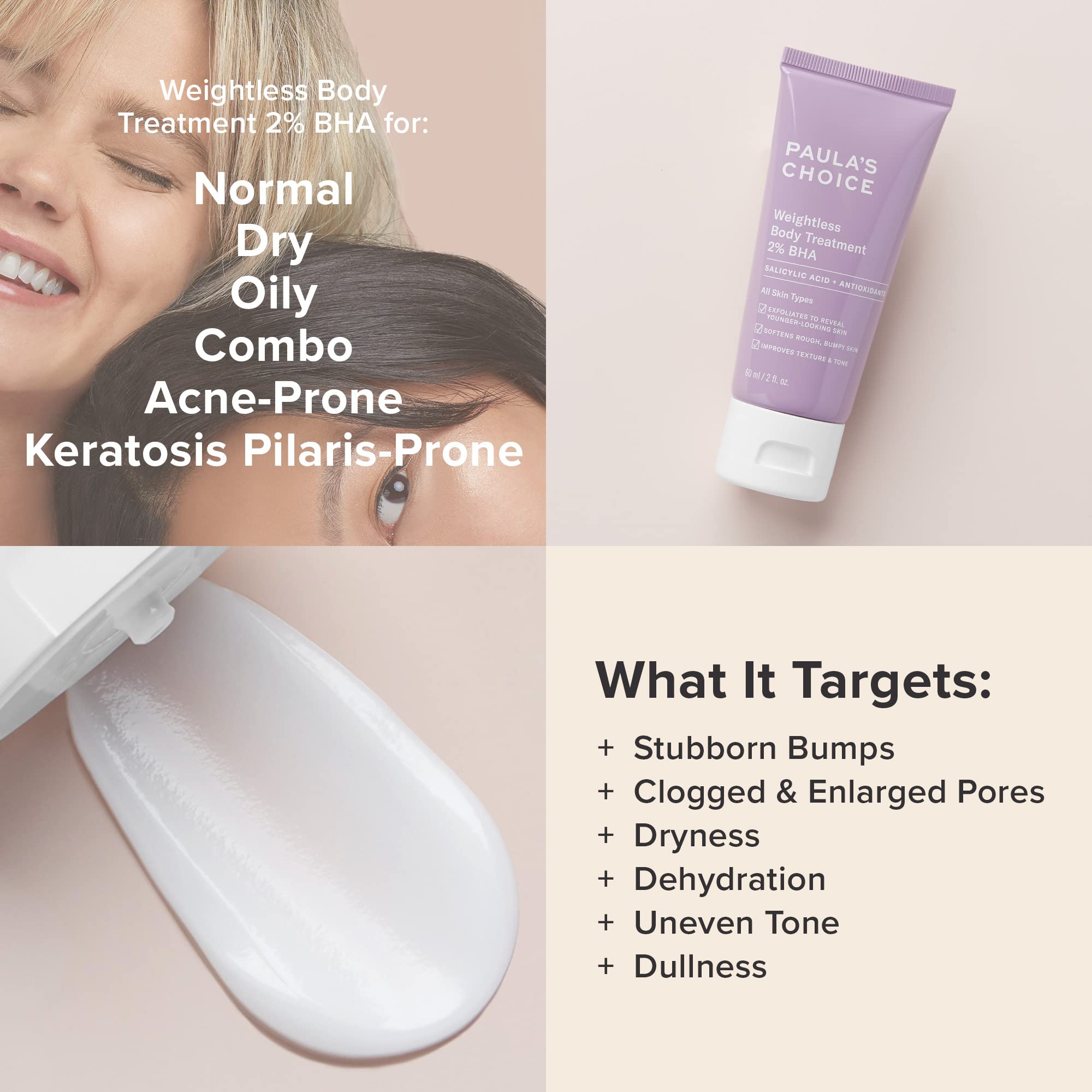 Paula's Choice Weightless 2% BHA lotion applied to skin for KP-prone areas.