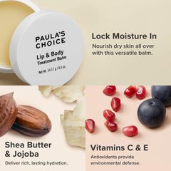 Paula's Choice lip & body balm on lips provides hydration and lasting softness.
