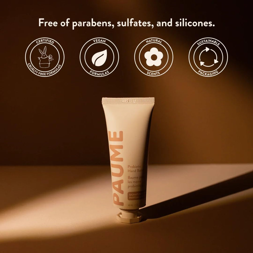 PAUME probiotic hand balm bottle display on shelf.
