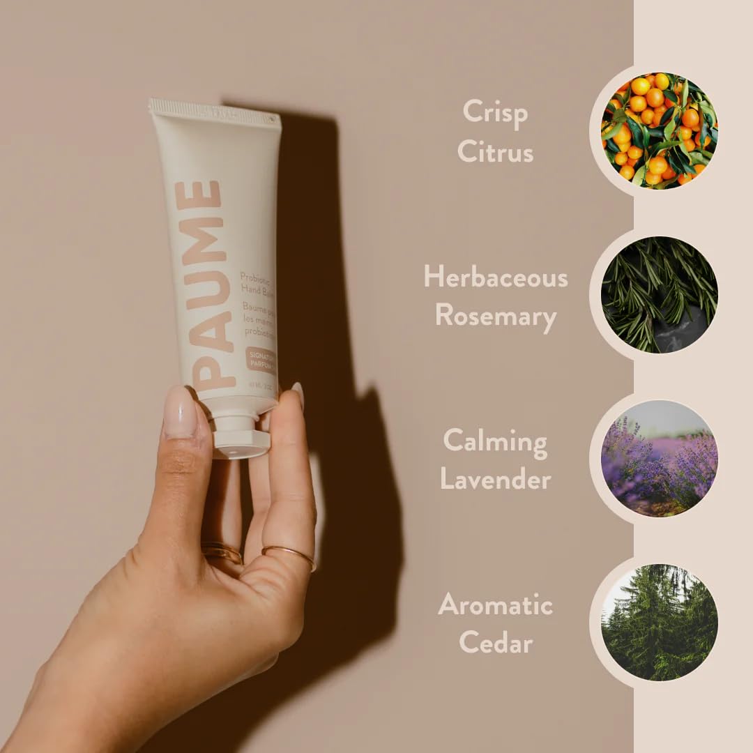 PAUME probiotic hand balm packaging closeup emphasizes plastic neutral initiative.