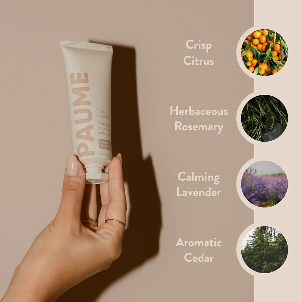 PAUME probiotic hand balm packaging closeup emphasizes plastic neutral initiative.