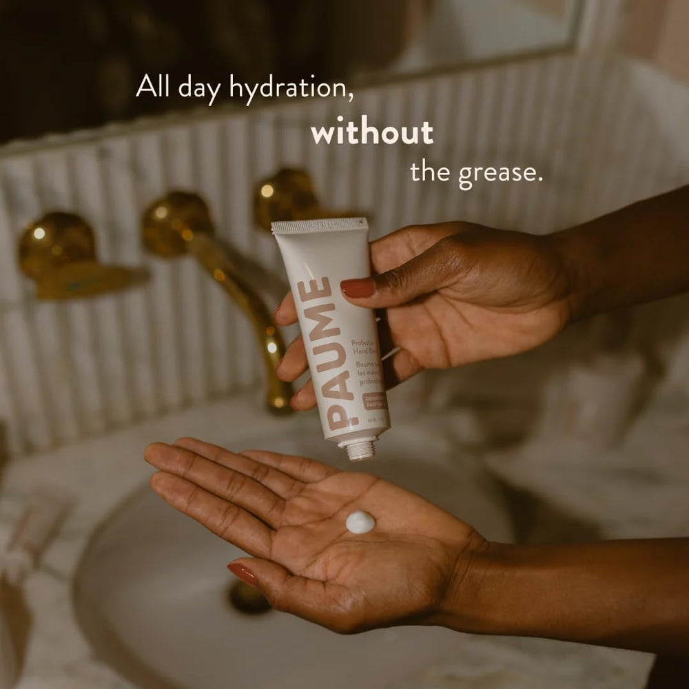 PAUME probiotic hand balm texture swatch demonstrates quick absorption and non-greasy feel.