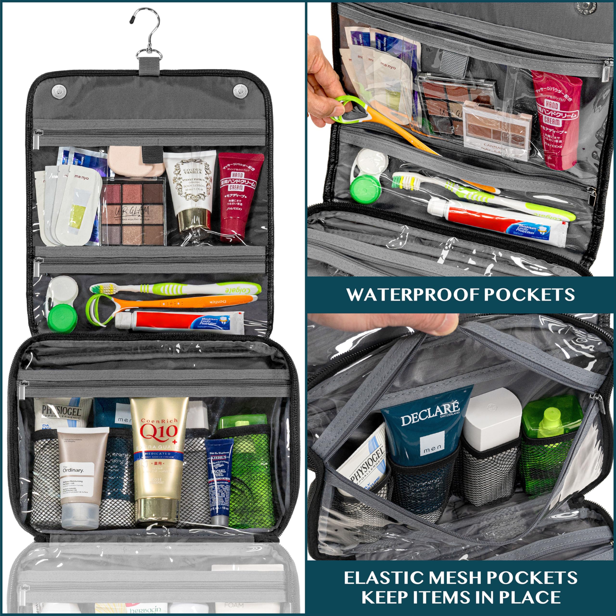 PAVILIA cosmetics bag mesh pockets provide clear view of contents for quick access.